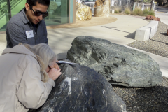 Looking for garnets in a blueschist boulder.